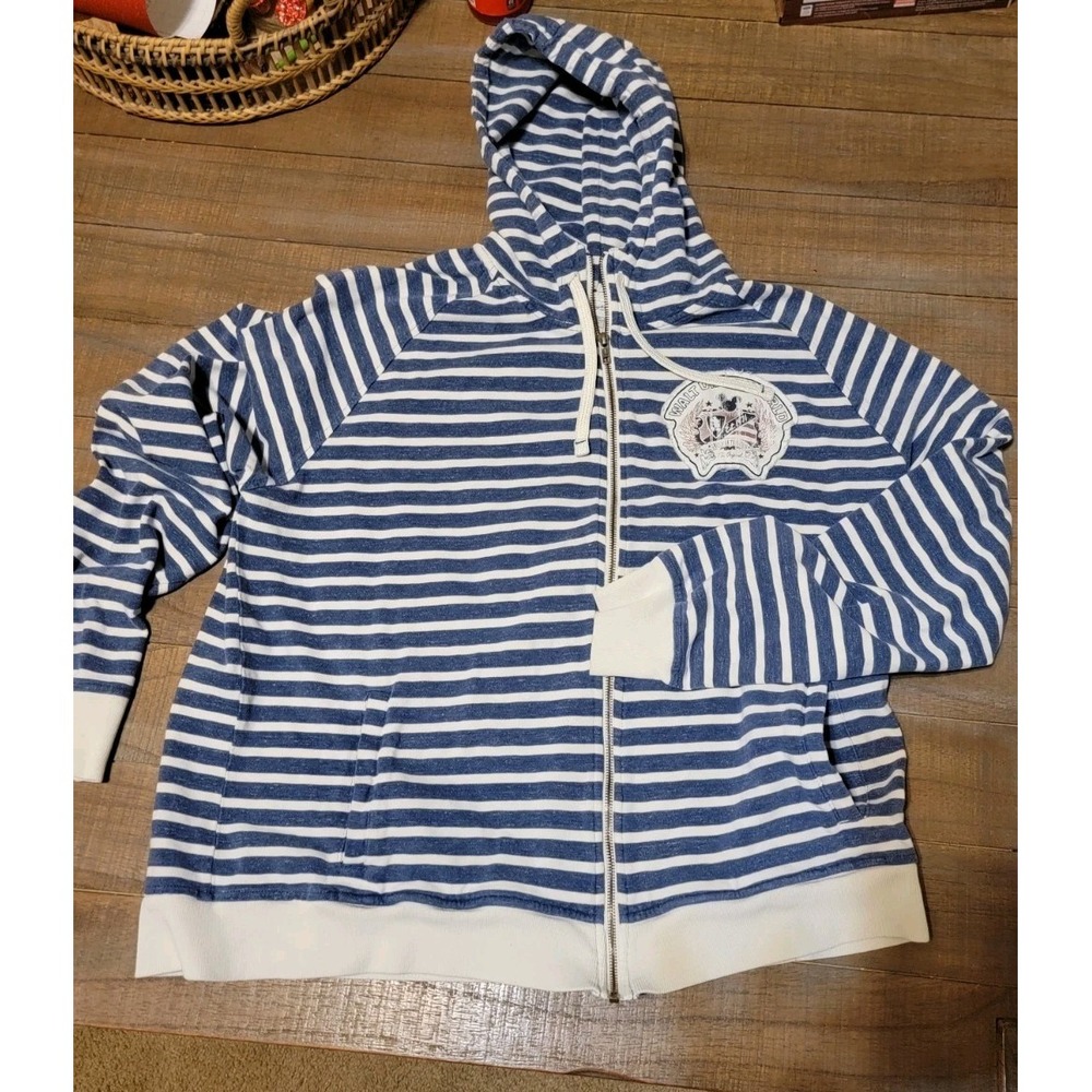 Y2K Disney Parks Zip-up Hoodie Walt‎ Disney World Patch Blue White Striped XL